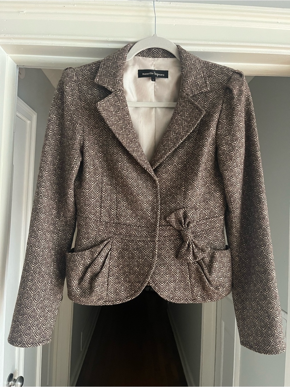 Nanette Lepore Brown Geometric Patterned Wool Blend Blazer with Waist Bow